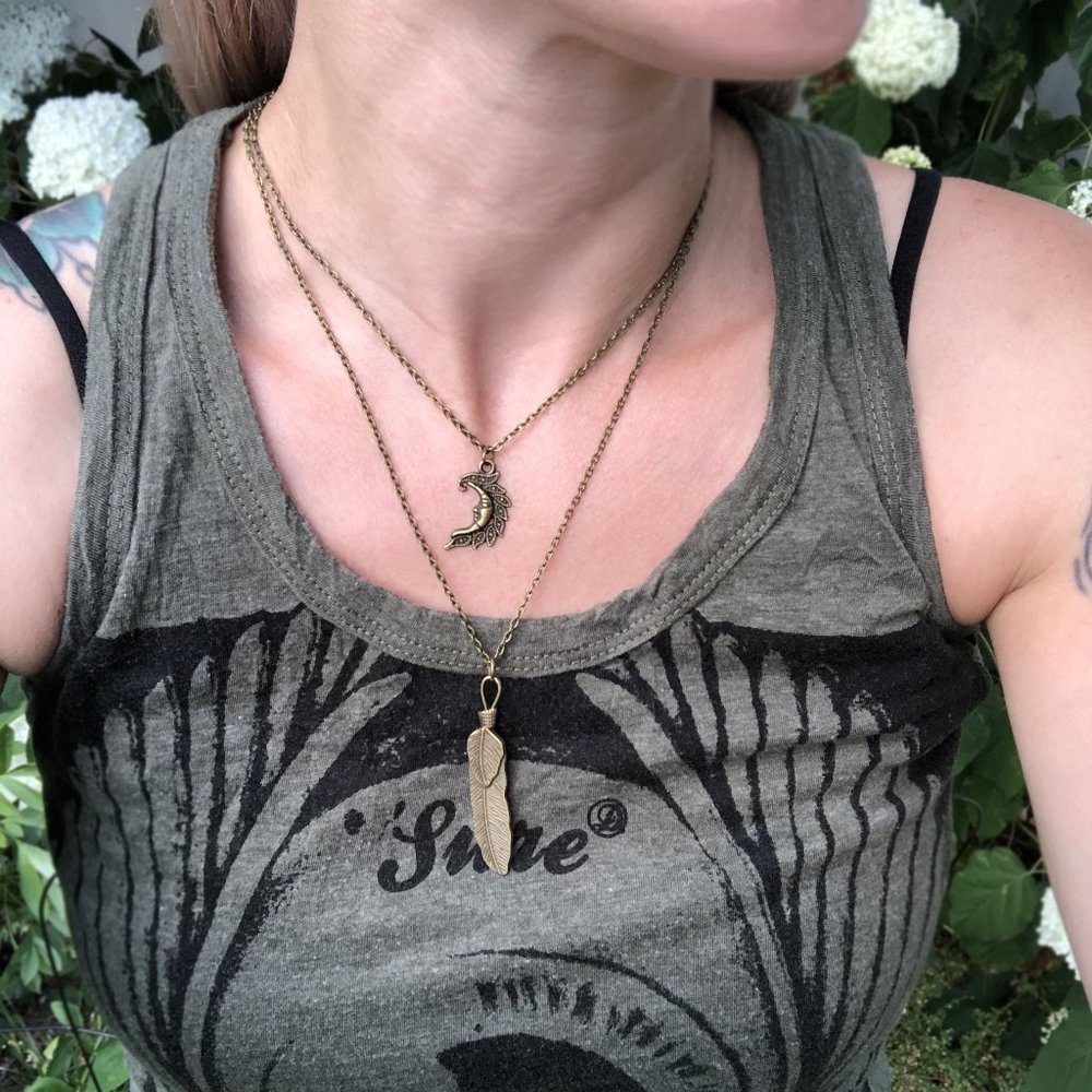 2 for 1! Antique Brass Moon and Feather Necklaces